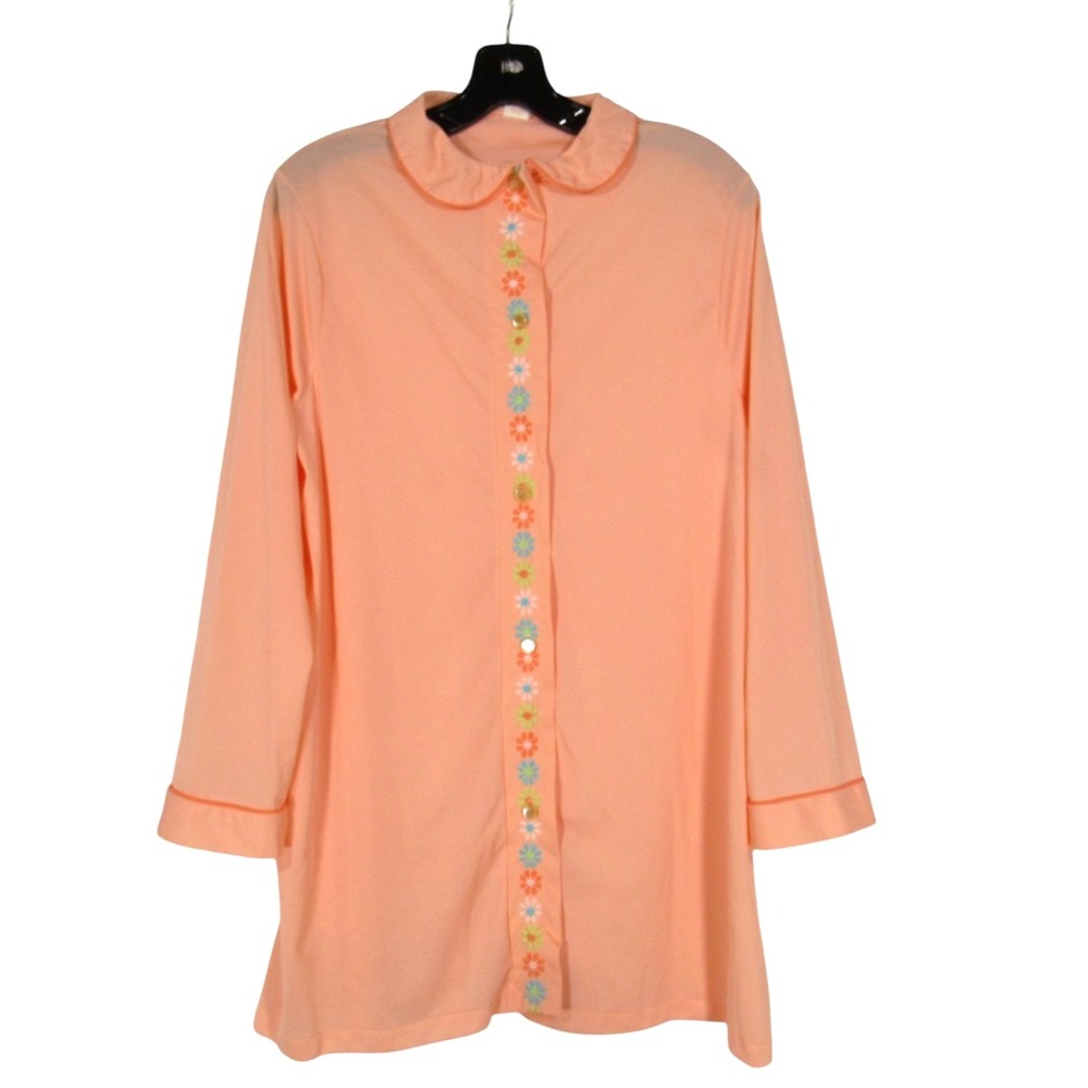 VTG SEARS Peach NYLON Button-Up FLORAL EMBROIDERED Lounge NIGHTGOWN/SHIRT Sz 36